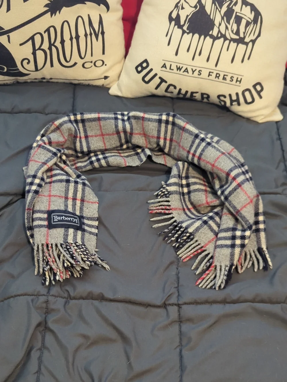 Authentic Burberry Blue Knight Gray Check Wool Fringe Scarf